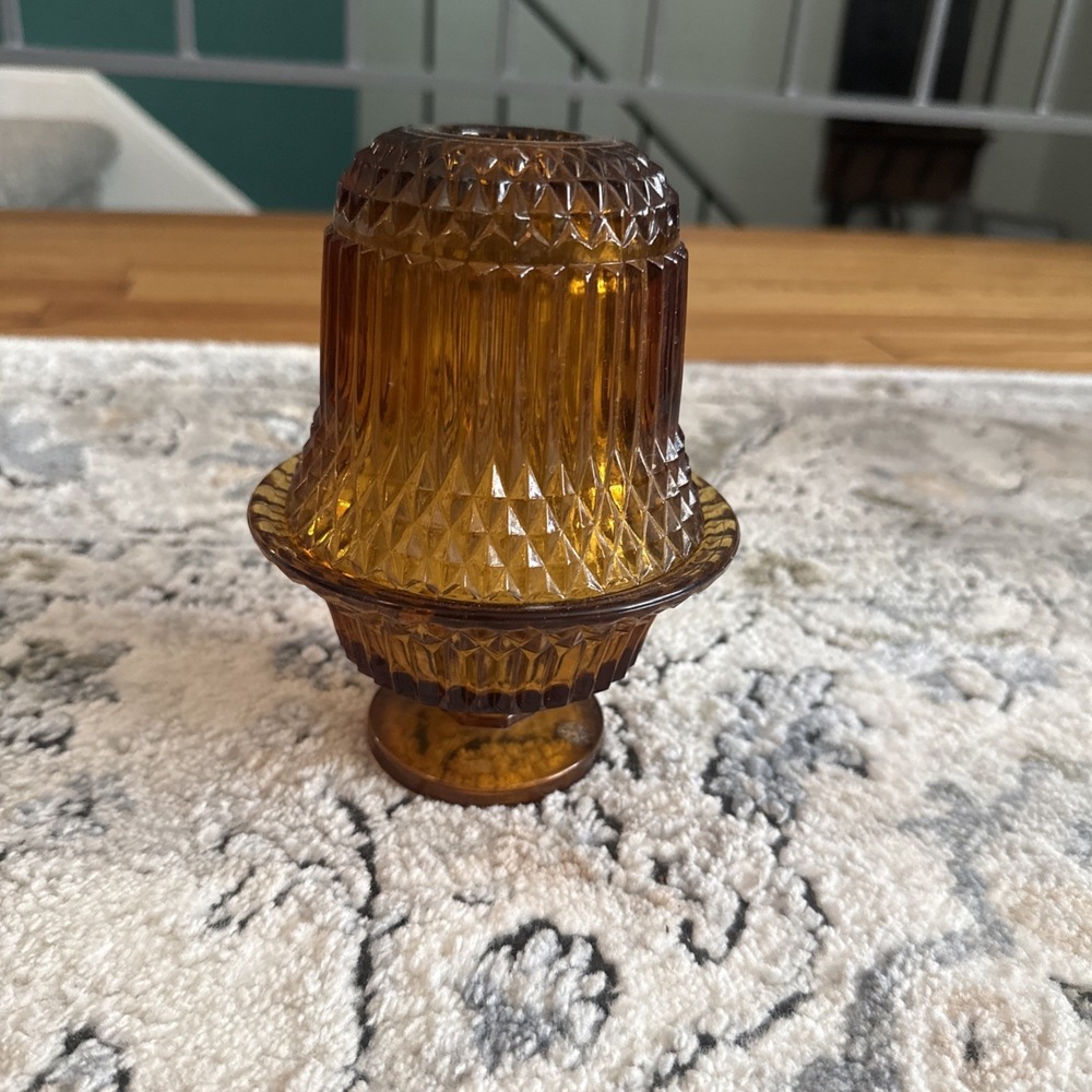 Indiana Glass Vintage Amber Diamond Point Fairy Lamp EUC Autumn Halloween Cozy